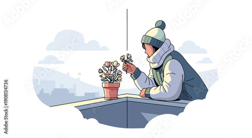 Woman tending to potted flowers by window, winter scene illustration