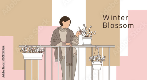 Woman tending to winter blossom plants on balcony, minimalist illustration style