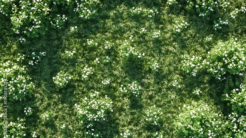 Fototapeta premium Breathtaking Aerial View of Lush Green Meadow with White Wildflowers in Full Bloom During Springtime