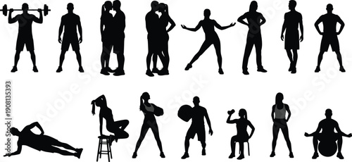 Fitness silhouettes collection, active men and women posing with gym equipment isolated on white background for healthy lifestyle concept illustration