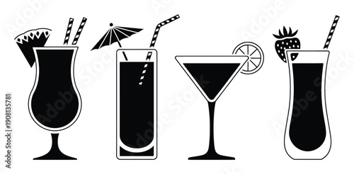 Collection of Tropical Cocktails with Garnishes and Straws