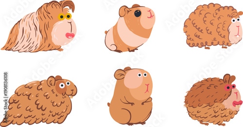 Cartoon funny collection various animal guinea pigs or hamsters in flat color style. Set of groovy character pet for children coloring book, mascot. Vector illustration.