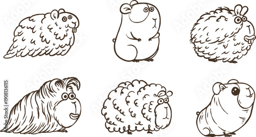 Collection animal guinea pigs or hamsters various form in sketch outline style. Set of cartoon funny character pet for children coloring book, mascot. Vector illustration.