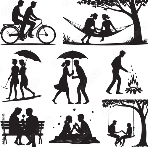 black silhouettes of people in various romantic and social activities