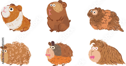Children illustration of different guinea pigs or hamsters in sketch funny style made from pencil, marker or chalk crayon. Set of vector character for kids book, education or mascot.