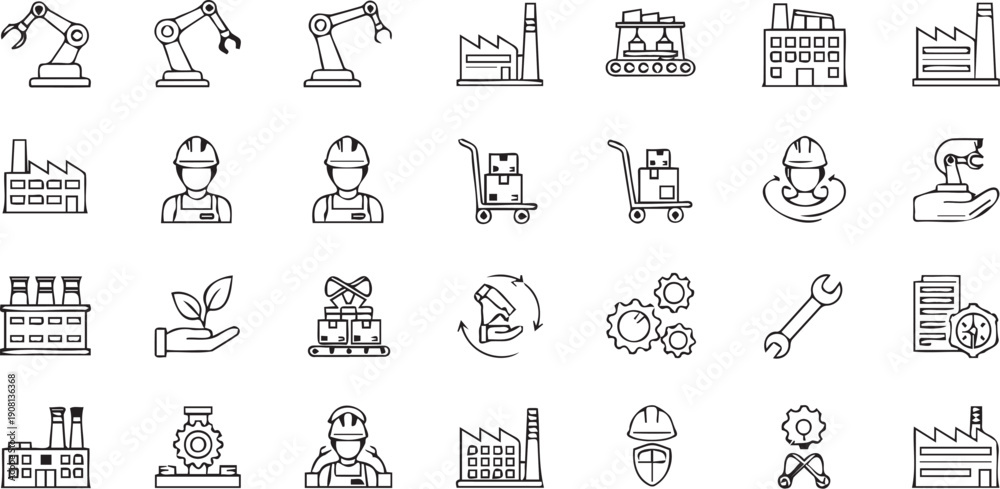Fototapeta premium Collection of simple black line icons representing manufacturing and industry professionals in various roles and settings, showcasing modern industrial processes and workplace safety.