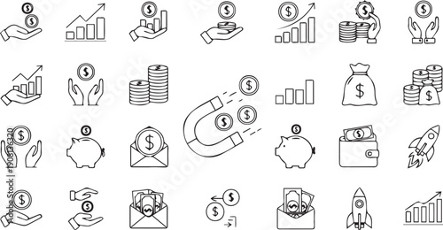 Collection of black and white financial and business icons representing money growth, savings, and investment on a white background in a simple outline style for various applications.