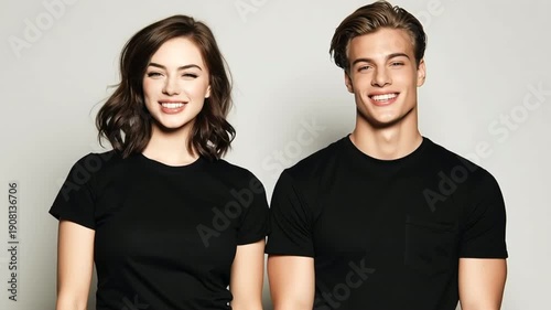 Chico y chica jovenes modelos caucasicos y guapos posando a cámara sonriendo llevando camisetas negras con fondo de estudio claro