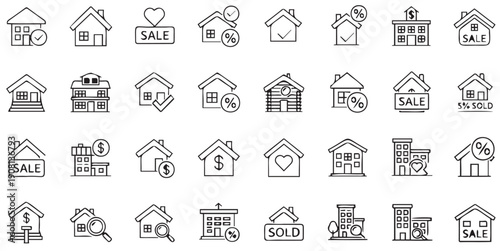 Collection of simple line art house icons representing real estate and property sales with various symbols like percentage signs, dollar signs, and sale signs used for marketing and design purposes.