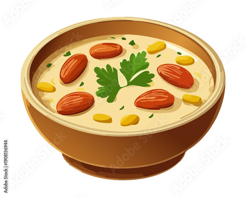 Nutritious bean soup with fresh herbs served in a bowl for warm and healthy lunch - Vector Illustration