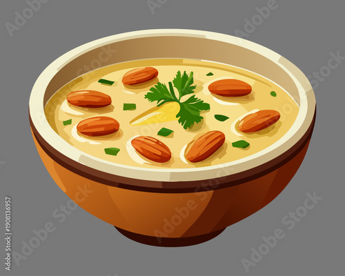 Delicious vegetable soup in a bowl with herbs garnish for healthy and nutritious comfort meal - Vector Illustration