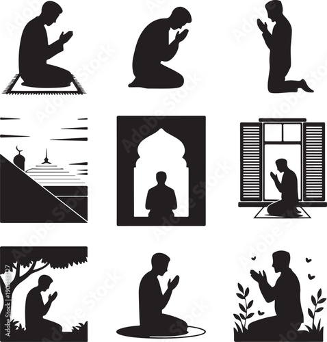 Black silhouettes of people praying in various positions and locations