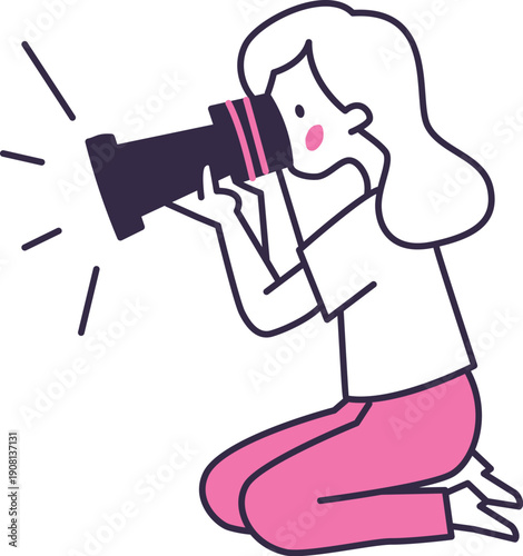 Photographer woman doodle with professional camera. Photo shoot