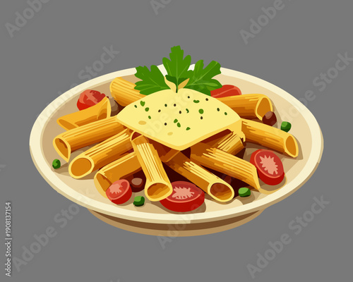 Traditional penne pasta dish with tomato and herbs garnish served on a plate for healthy meal - Vector Illustration