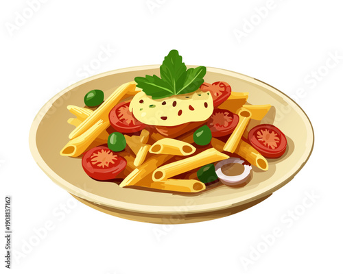 Penne pasta with tomato sauce and herbs served on a plate for classic Italian dinner menu - Vector Illustration