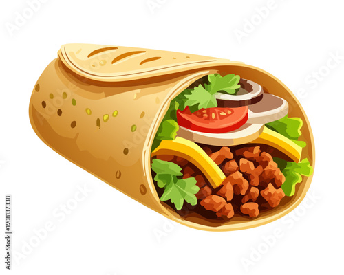 Large beef burrito wrap with cheese tomato and green lettuce filling - Vector Illustration
