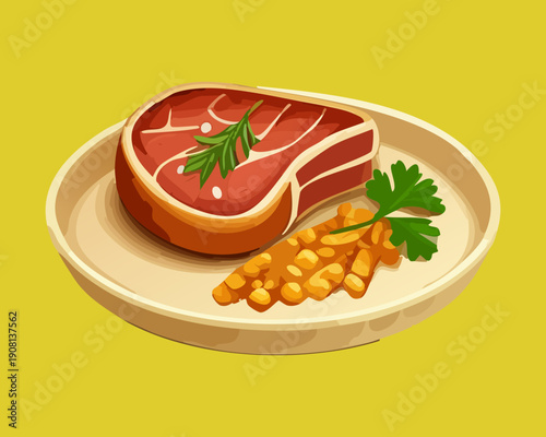 Grilled beef steak with corn and bean salad on yellow round plate - Vector Illustration