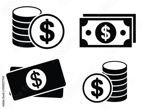 Set of Black and White Icons Representing Money and Currency