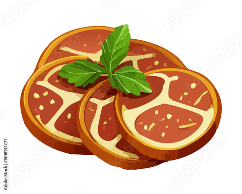Sliced smoked pork meat with fresh green herbs and pepper on white round plate - Vector Illustration