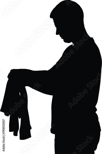 Man holding clothes standing alone in simple silhouette profile view illustration