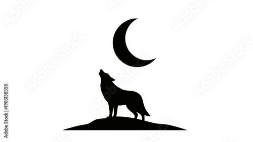 Silhouette of a wolf howling at a crescent moon on a hill at night