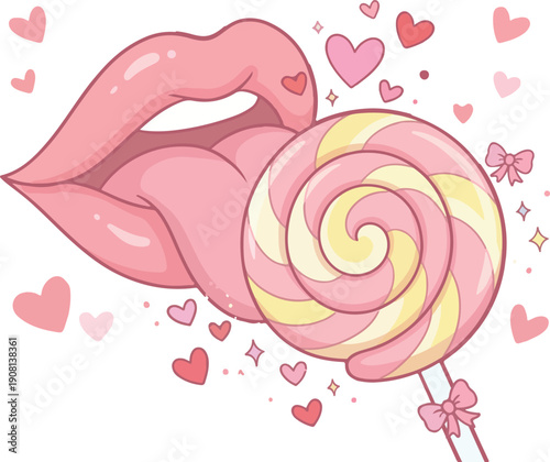 Cartoon illustration of pink lips kissing a large pink and yellow swirly lollipop surrounded by hearts and sparkles on transparent background  sweet Valentines Day candy concept