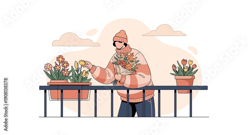 Woman tending balcony flowers, holding bouquet, spring bloom, flat illustration