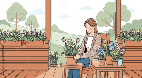 Woman Tending Potted Flowers on a Wooden Porch with Garden Background