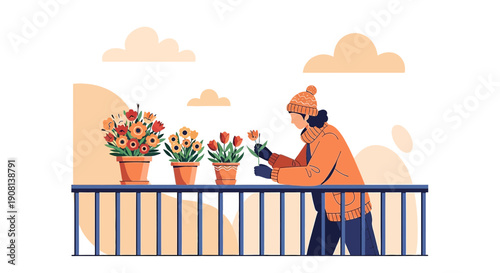 Woman tending potted flowers on balcony, seasons changing, flat illustration