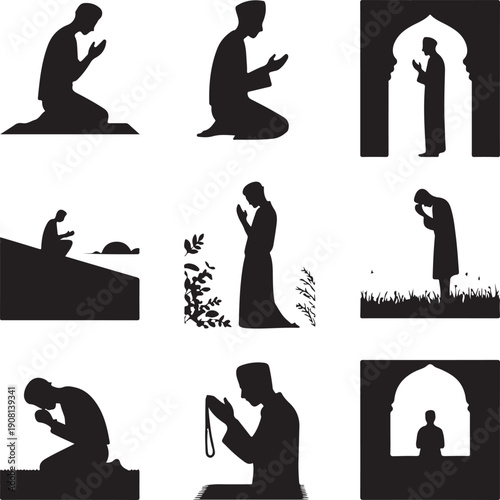 Muslim men praying in various positions and locations