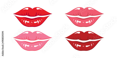 Lipstick kiss print isolated vector set. Red vector lips set. Different shapes of female sexy pink and red lips. Sexy lips makeup, kiss mouth. Female mouth. Print of lips kiss vector background. 