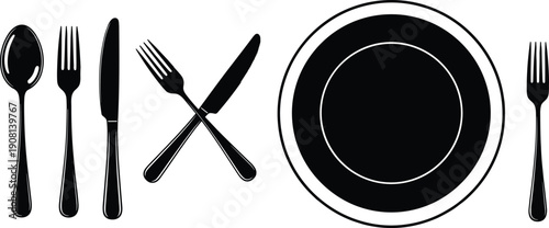 Black and white cutlery and plate silhouette set including spoon fork knife and dish, minimalist dining tableware vector illustration for restaurant, menu, kitchen, and food design use