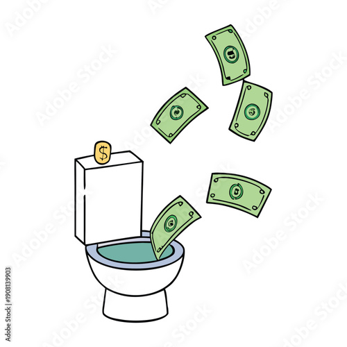 Dollar bills swirl helplessly down the toilet, a vivid symbol of wasted money and lost opportunities, disappearing flush by flush into the drain of regret.
