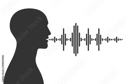 Sound of voice graphic icon. Silhouette talking human head with sound waves. Sign isolated on white background. Vector illustration