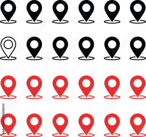 location icon, map pin icons in outline, black, and red styles. for maps, GPS, navigation apps, location markers, address indications, and geolocation interfaces.