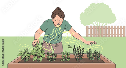 Woman smelling fresh herbs in garden, aroma of nature, healthy lifestyle illustration