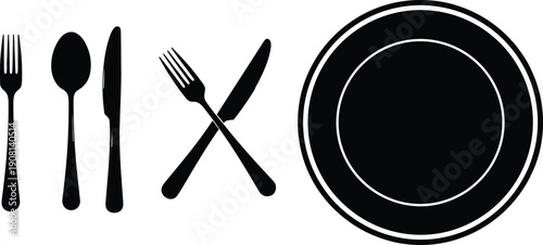 Black and white cutlery and plate silhouette set with fork knife and spoon, minimalist dining tableware vector illustration for restaurant, menu, kitchen design use
