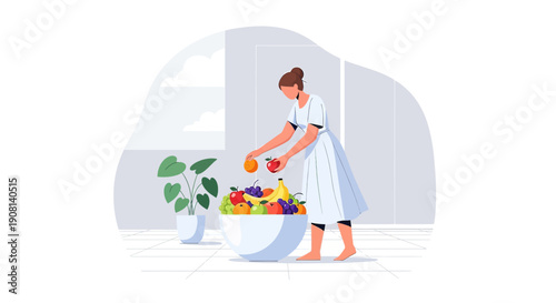 Woman Sorting Fresh Fruit in a Modern Kitchen - Healthy Eating Illustration