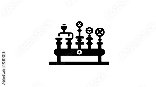 Flat black glyph icon of industrial gas blending station with pipes and valves on white background for design and infographics