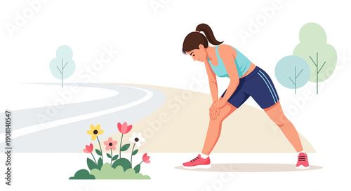 Woman stretching after outdoor run with flowers and trees