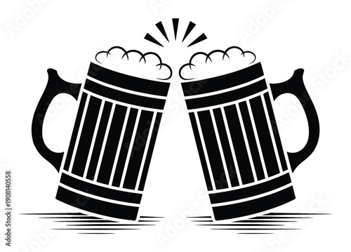 Two Beer Mugs Clinking Together with Foam and Rays