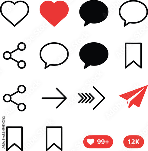 Instagram icons set, Social media interaction, notification icons including like, comment, repost, share and save icon symbol. Red like speech bubble icon, favorite heart.