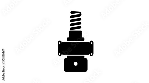 Flat black glyph icon of a high pressure solenoid valve with coil spring and mounting bracket