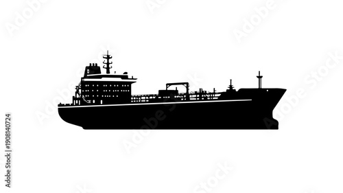 Flat black silhouette icon of a hydrogen transport ship on white background for industrial and environmental concepts