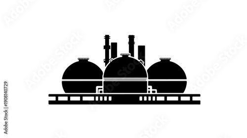 Black glyph icon of industrial hydrogen production facility with storage tanks and chimneys on railroad tracks