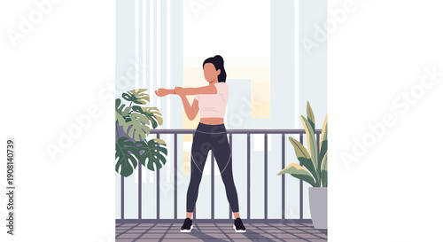Woman stretching on balcony with city view, healthy lifestyle, fitness