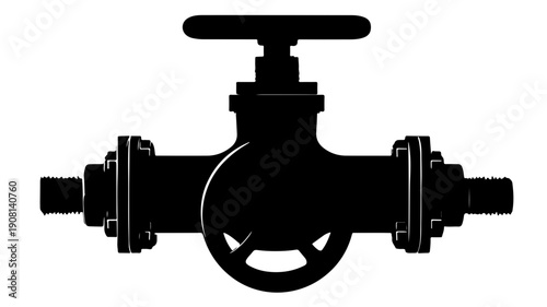 Black manual pipeline shut off valve icon with wheel handle on white background for industrial use