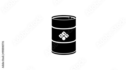Flat black glyph icon of a lohc liquid organic hydrogen carrier barrel with white molecular structure