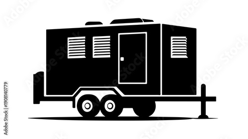 Flat black icon of mobile trailer mounted home on wheels with door and windows