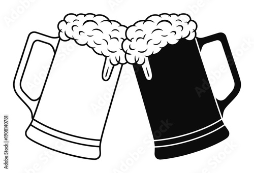 Two Beer Mugs Clinking with Frothy Tops, Black and White Illustration
